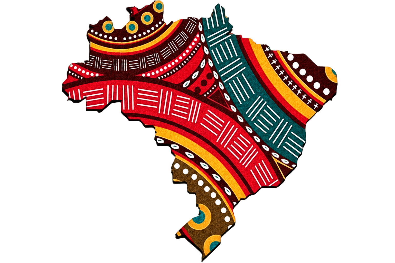Mapa do Brasil preenchido com estampas africanas, com fundo transparente